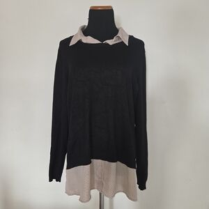 Adrianna Papell Women's Twofer Collared Black Layered Sweater Blouse Size XL